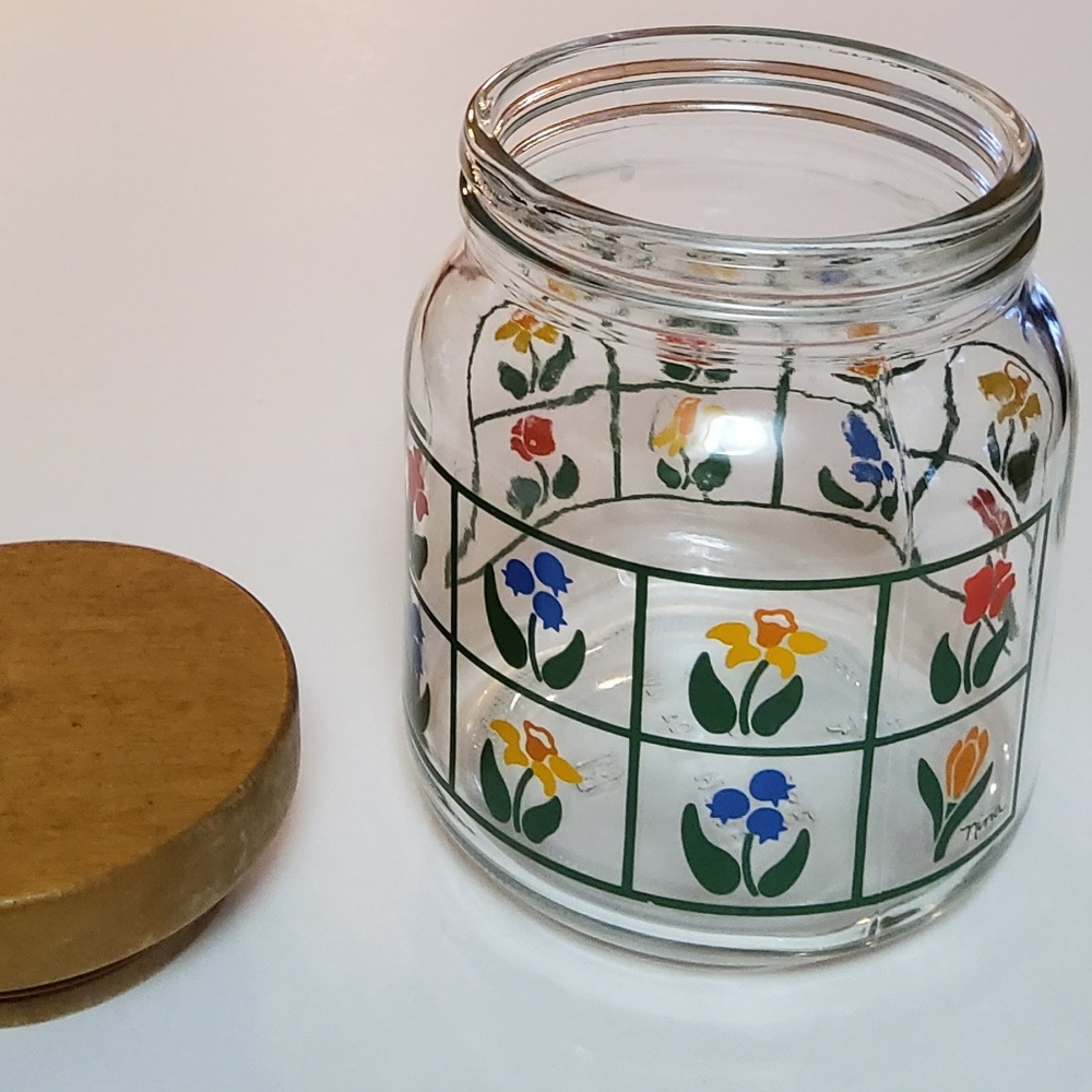 Vintage Anchor Hocking Nina Glass Canister Jar and Lid, Wildflowers Tulips 7.5”